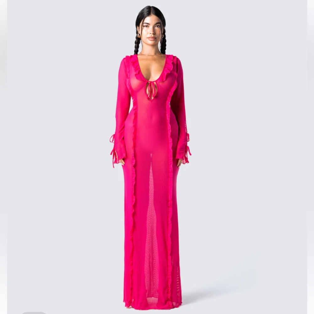 Sheer Long Sleeve Maxi Dress with Ruffle Trim - Hot Pink